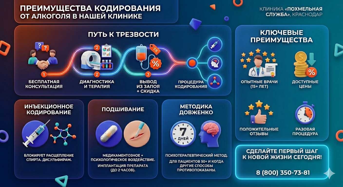 Инфографика о методах кодирования от алкоголя в Киселёвске: инъекции, подшивание, метод Довженко. Преимущества клиники и этапы лечения.